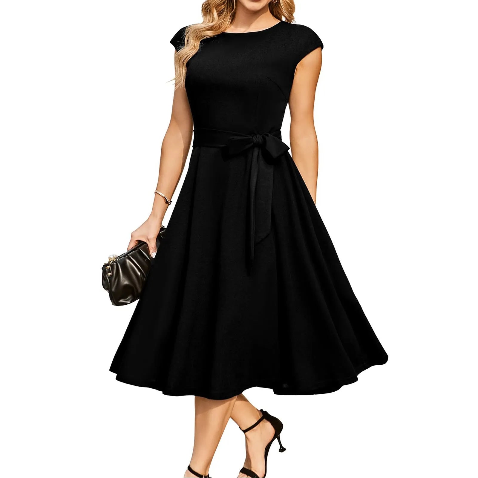 Black sleeveless party dress with lace-up waist and oversized swing skirt mid-length design