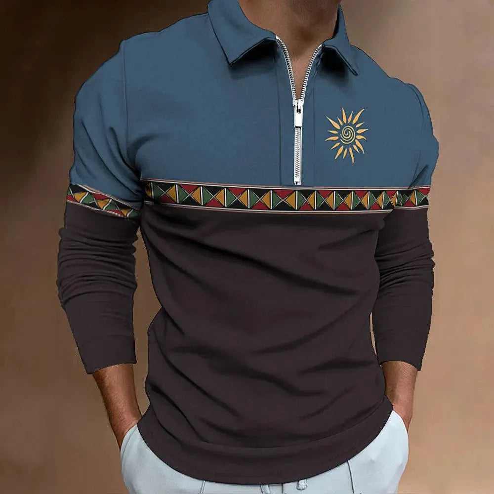 Men's retro colour print golf t-shirt with striped pattern and zipper details on long sleeve loose fit top