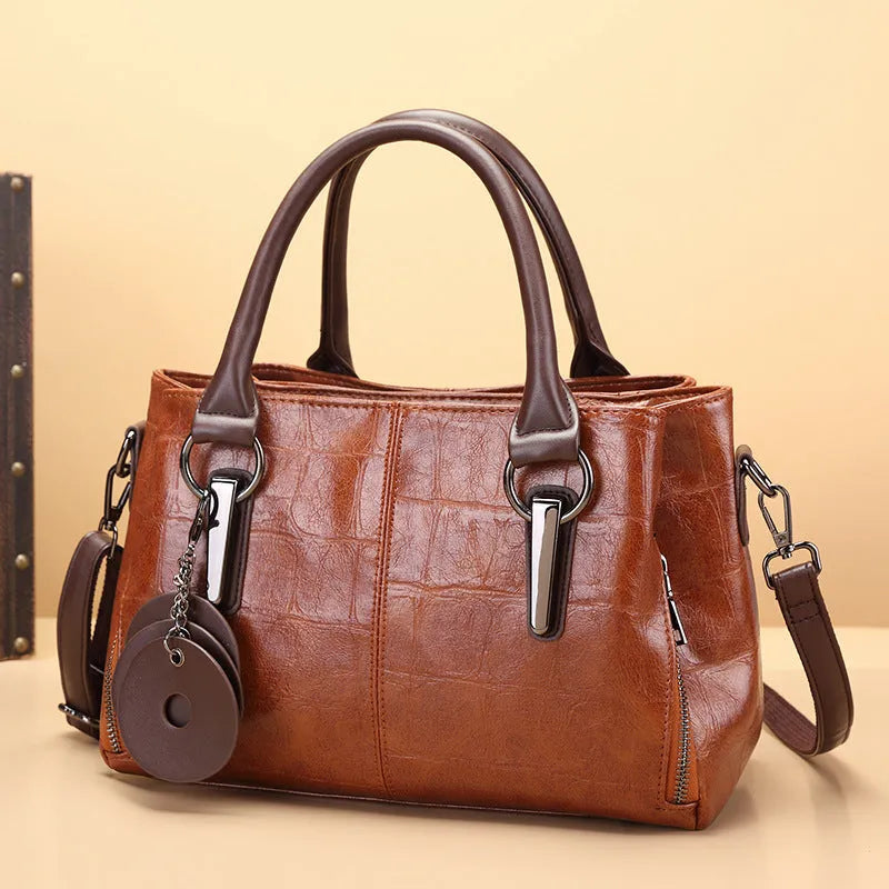 Women's PU leather shoulder bag with horizontal square shape and open pocket in vintage brown colour