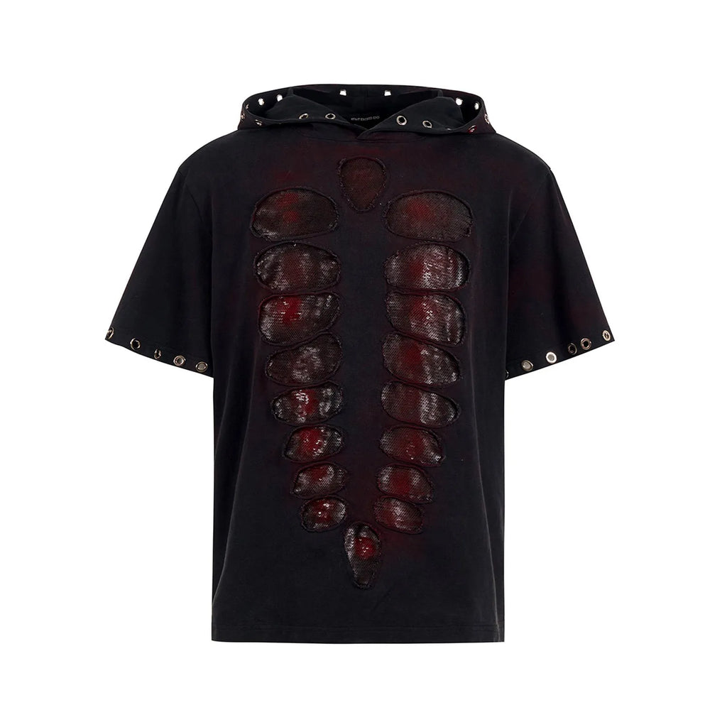 Black men's loose-fitting hooded t-shirt with short sleeves and cut sequins detail.