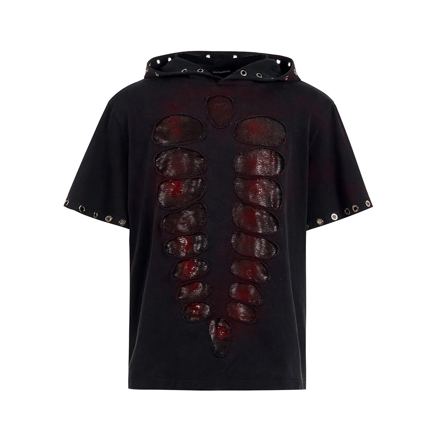 Black men's loose-fitting hooded t-shirt with short sleeves and cut sequins detail.