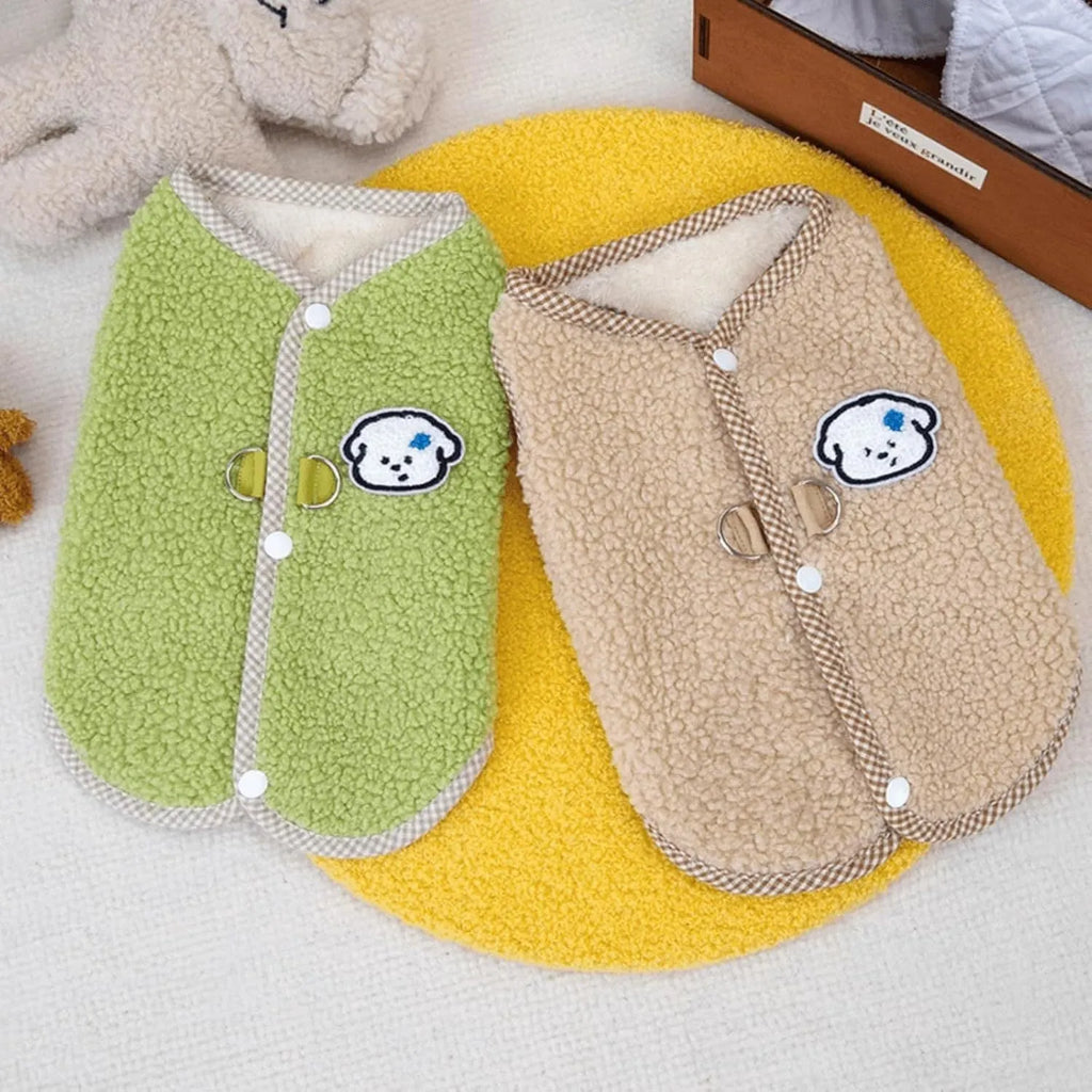 Green coral fleece dog sweatshirt vest with leash ring on small dog