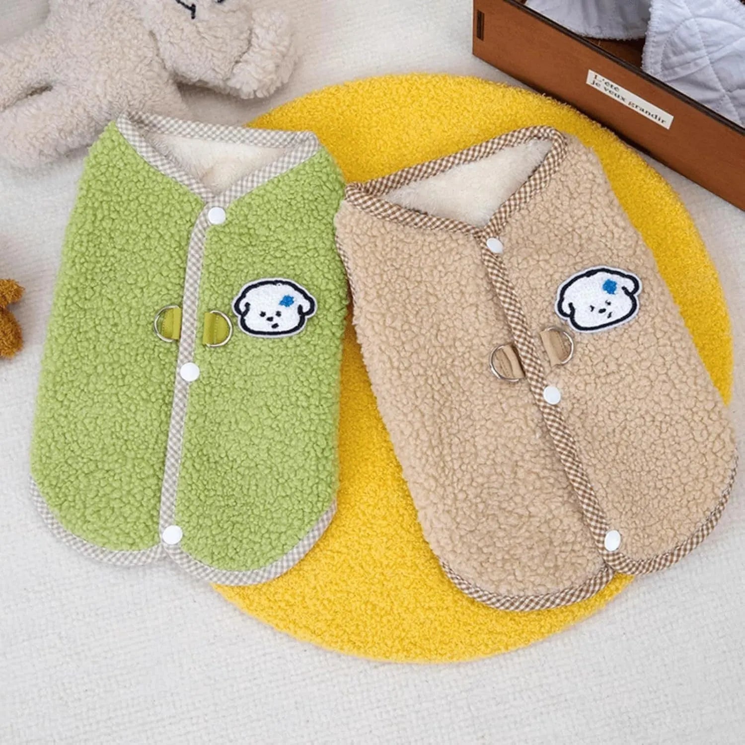 Green coral fleece dog sweatshirt vest with leash ring on small dog