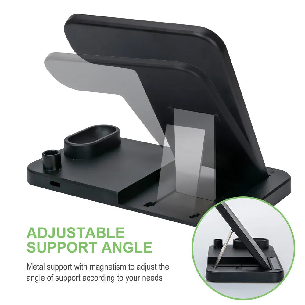 Folding 15W wireless charger in vertical stand position charging iPhone with magnetic case
