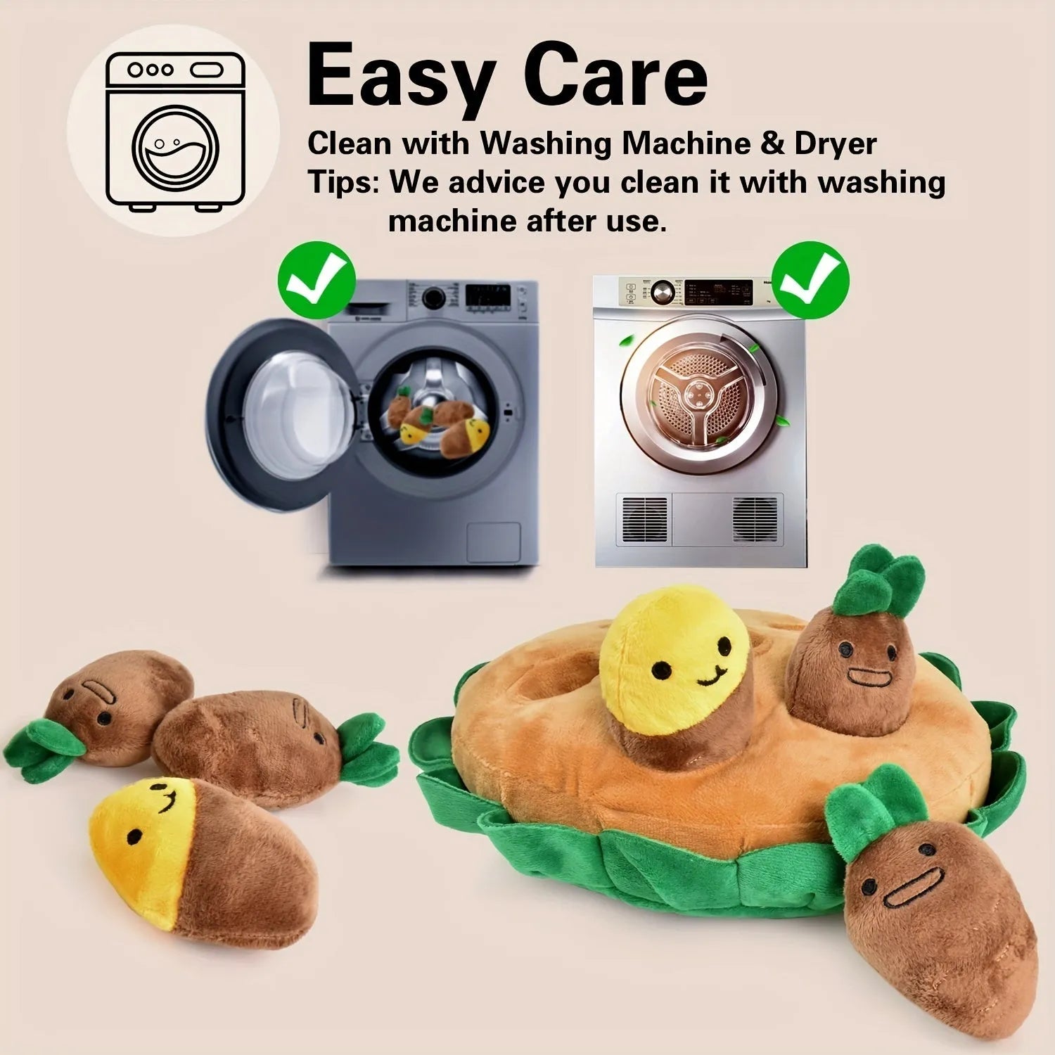 Yellow interactive dog puzzle toy pad with four removable squeaky plush toys attached with velcro