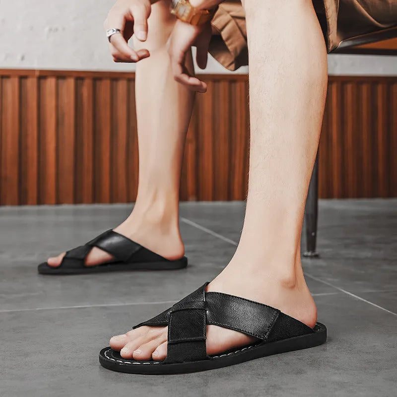 Men's black pigskin leather slip-on sandals with frosted finish and rubber sole