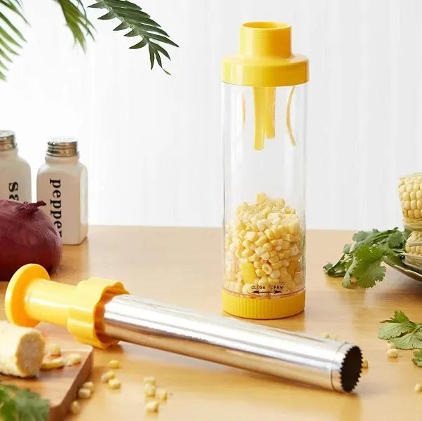 Yellow cylindrical corn stripper tool with ABS plastic and stainless steel construction