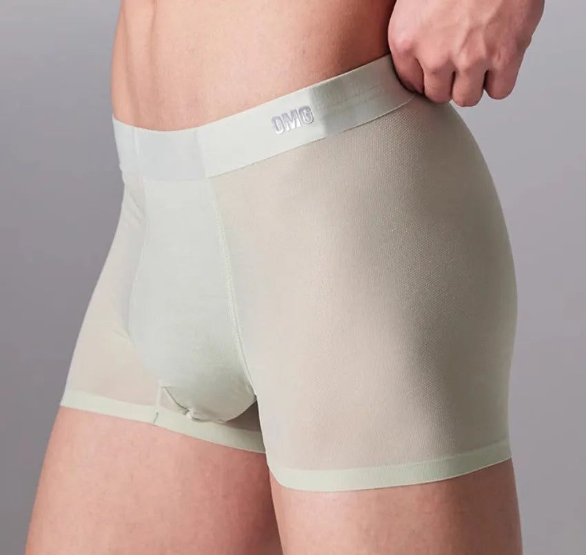 Men's seamless antibacterial fitness underwear shorts in a polyamide spandex blend on a grey background.