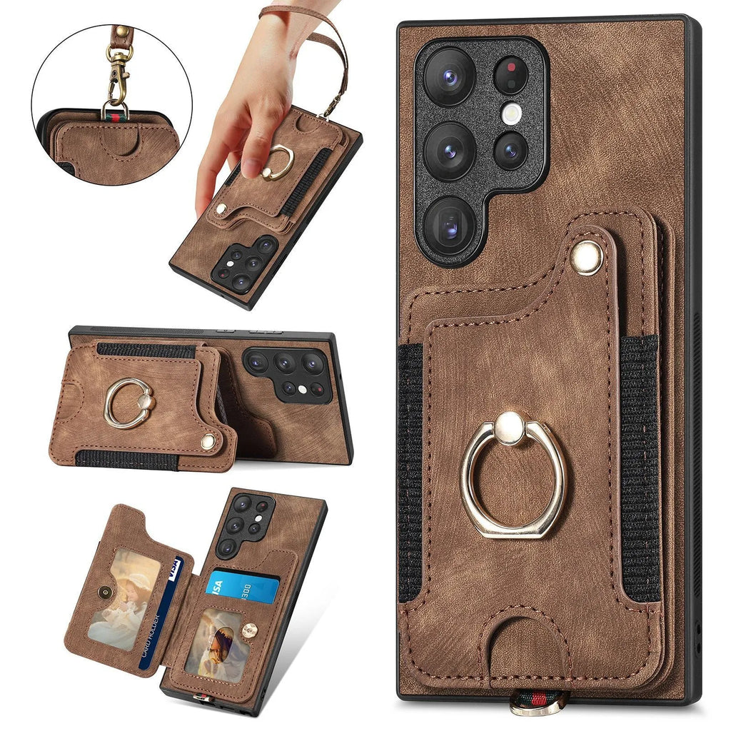 Dark brown PU Samsung phone case with anti-theft ring lanyard, card holder, and kickstand