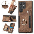 Dark brown PU Samsung phone case with anti-theft ring lanyard, card holder, and kickstand