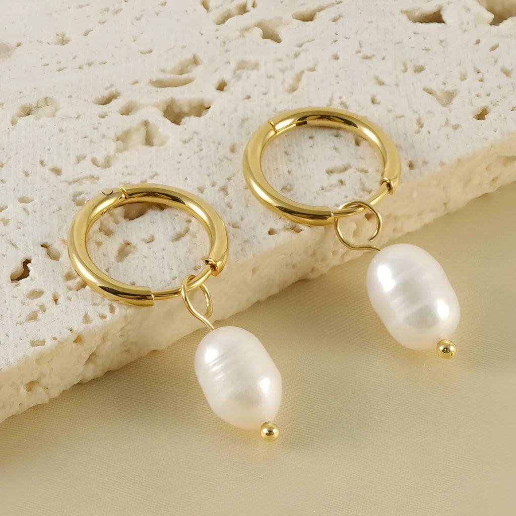 Gold coloured stainless steel geometry earrings with pearl decorative elements for women