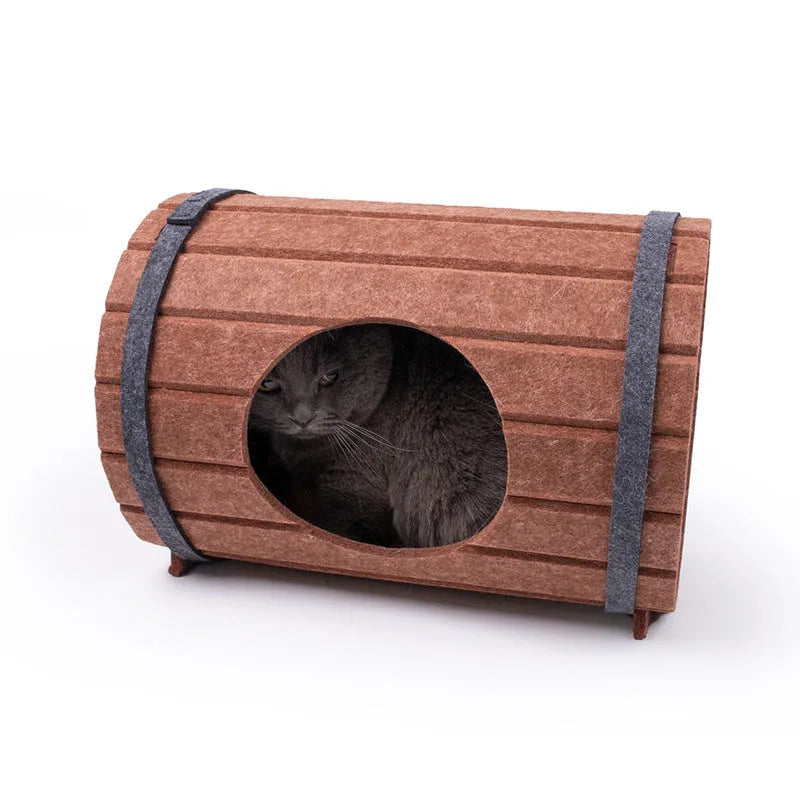Assembled wine barrel shaped cat bed made from polyester felt panels