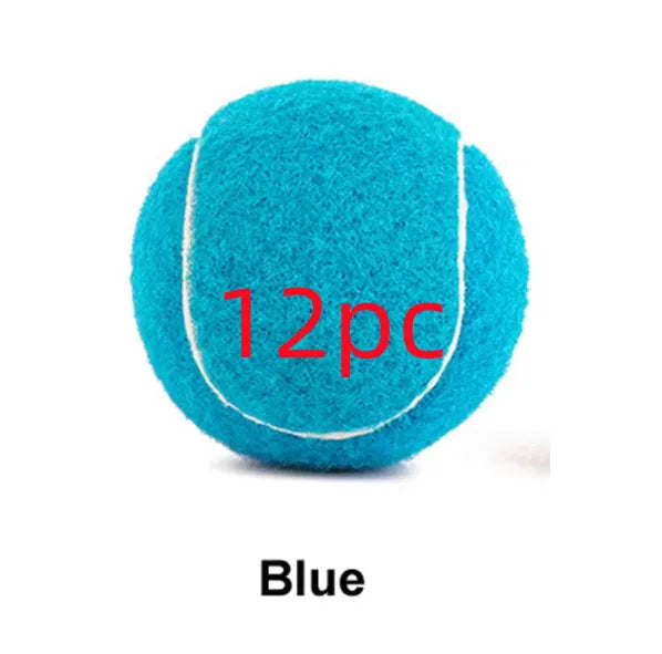 6.3 cm diameter solid rubber dog tennis ball in assorted bright colours on a green lawn.
