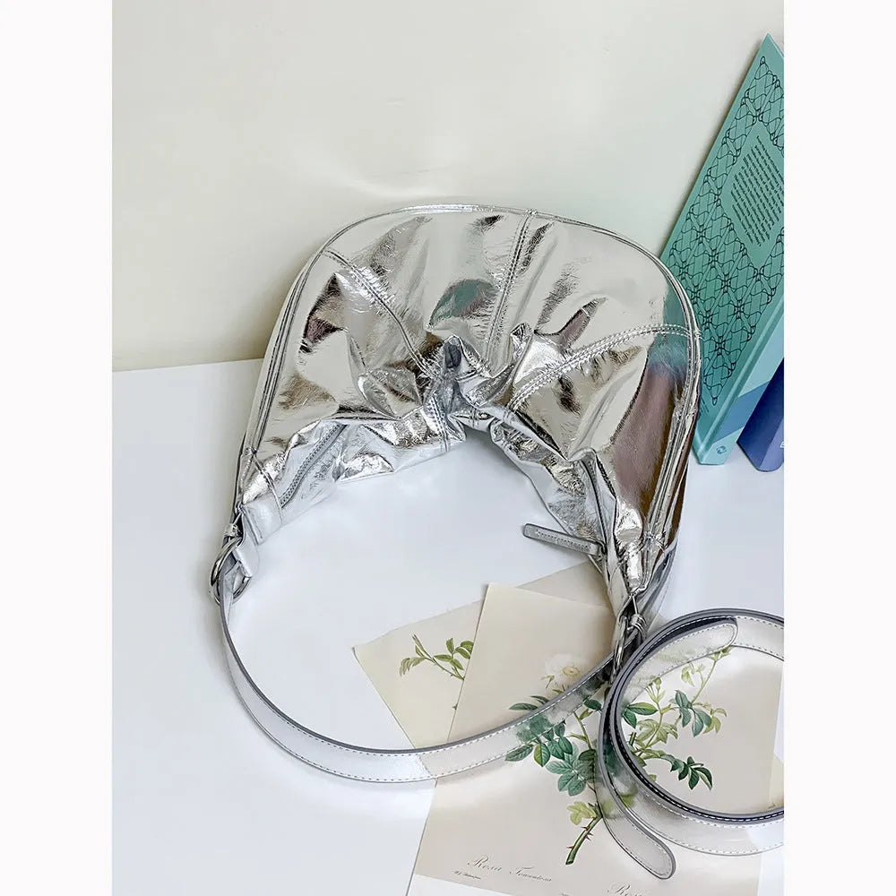 Women's soft cowhide leather shoulder bag in dumpling shape with sandwich pockets and double straps