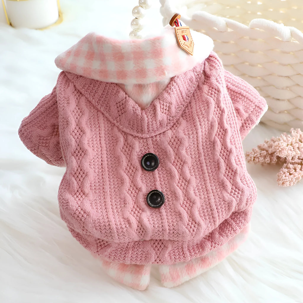 Blue wool plaid dog sweater with fleece lining and two-piece style on medium-sized dog
