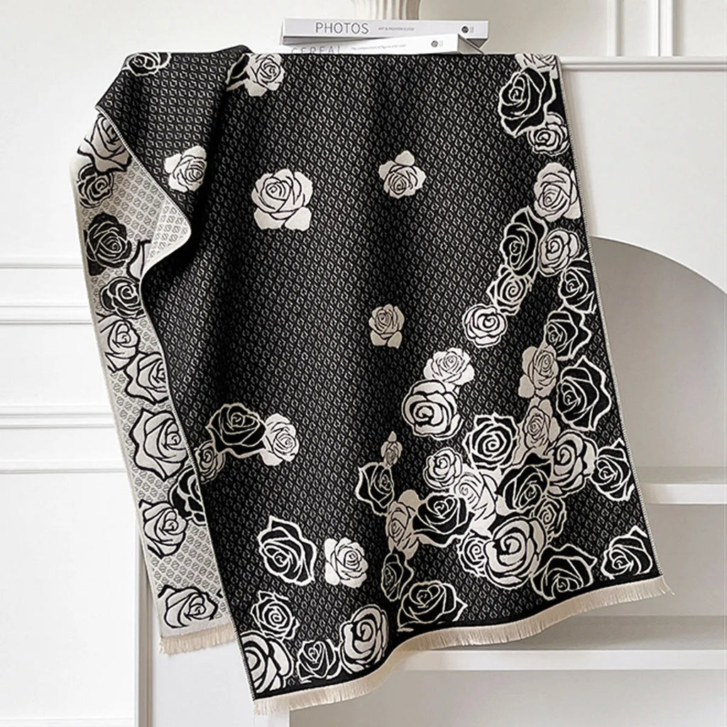 Long grey imitation cashmere winter scarf with tassels, shown draped