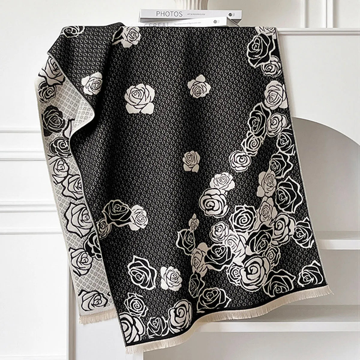 Long grey imitation cashmere winter scarf with tassels, shown draped