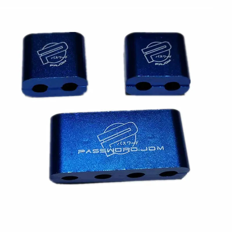 Three-piece metal car fastening clamp set in six colour options on a grey background.