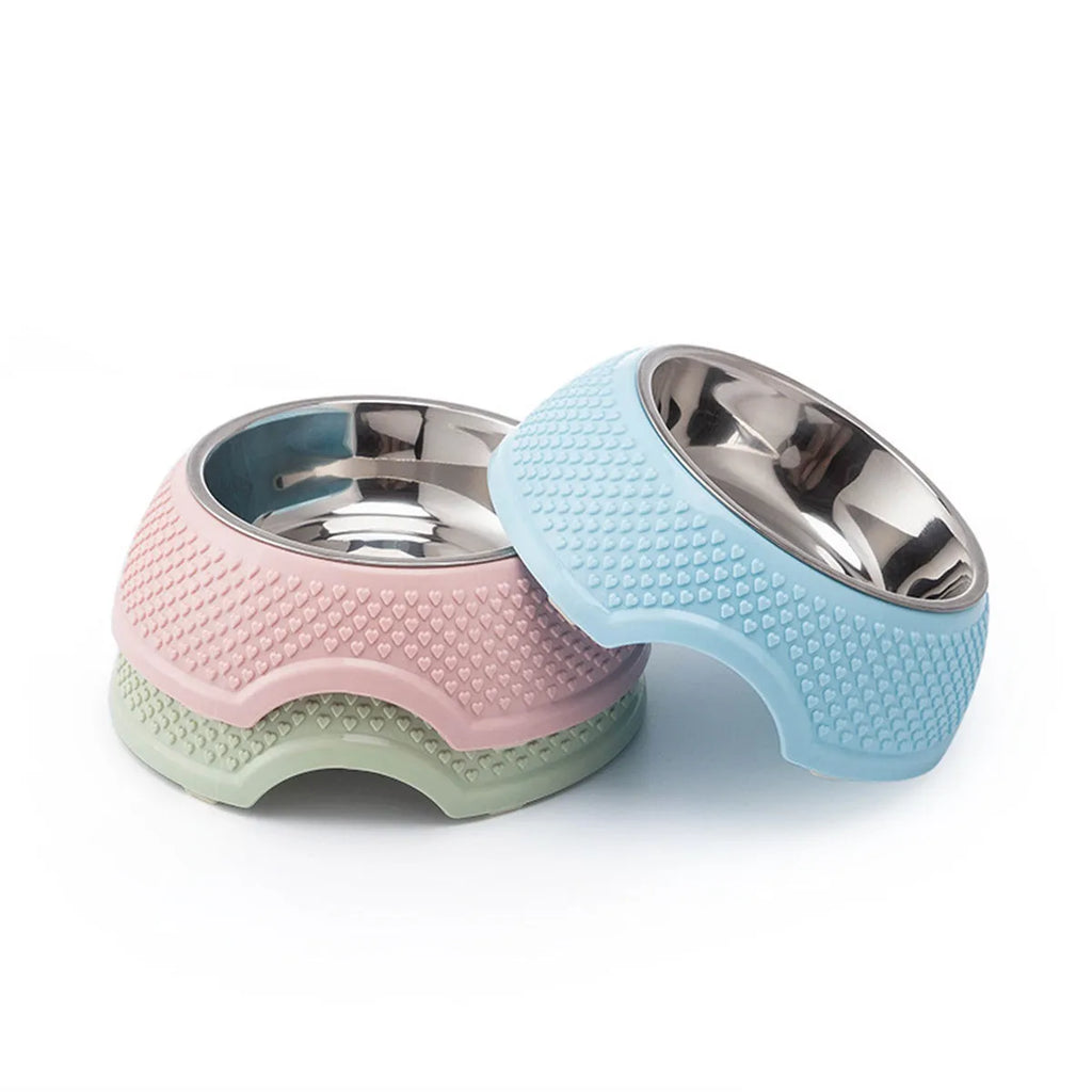 Set of 4 stainless steel pet bowls with weighted non-slip base in blue, green and pink colours