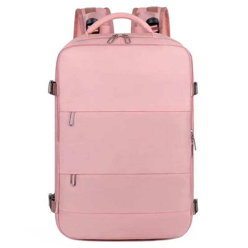 Women's large-capacity travel backpack in purple with organisational compartments and waterproof Oxford cloth construction