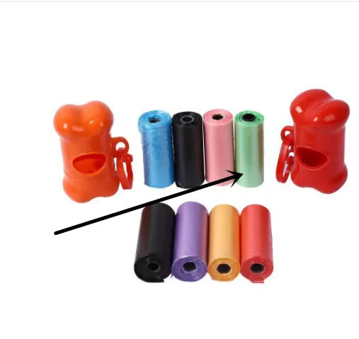 Roll of coloured disposable pet waste bags showing black, blue, green, light blue, pink, and purple options.