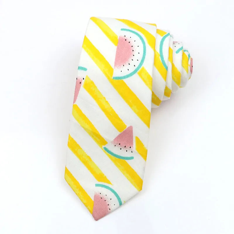 Korean style narrow men's cotton bow tie with a printed cartoon pattern in a selected colour.