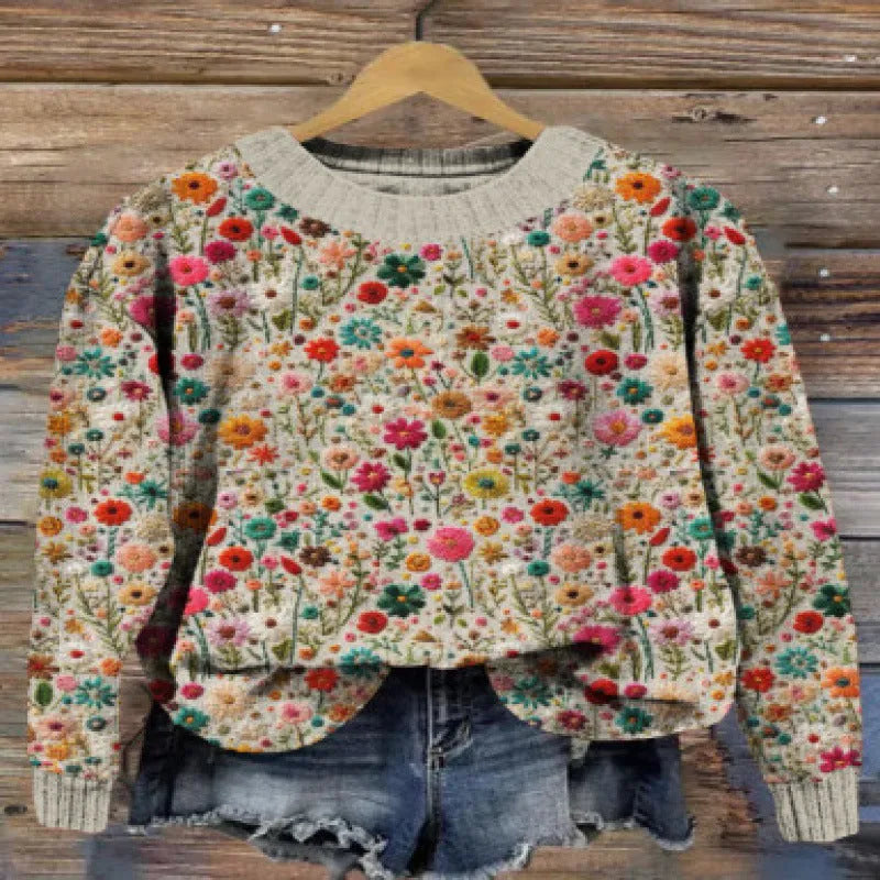 Digital printed round neck sweater showing Little Flower pattern in various colour options