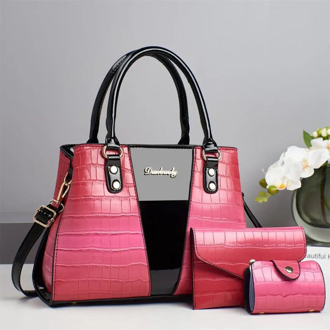 Women's crocodile stitch three-piece shoulder bag set in PU leather showing main bag and two smaller bags