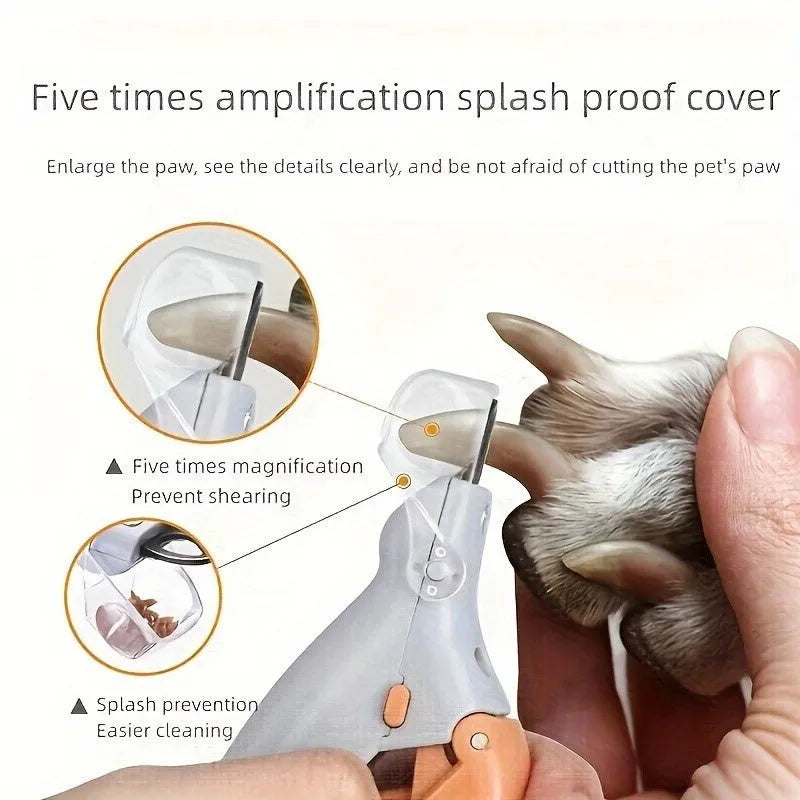Yellow LED pet nail trimmer with magnifying glass and built-in nail catcher for cats and dogs.