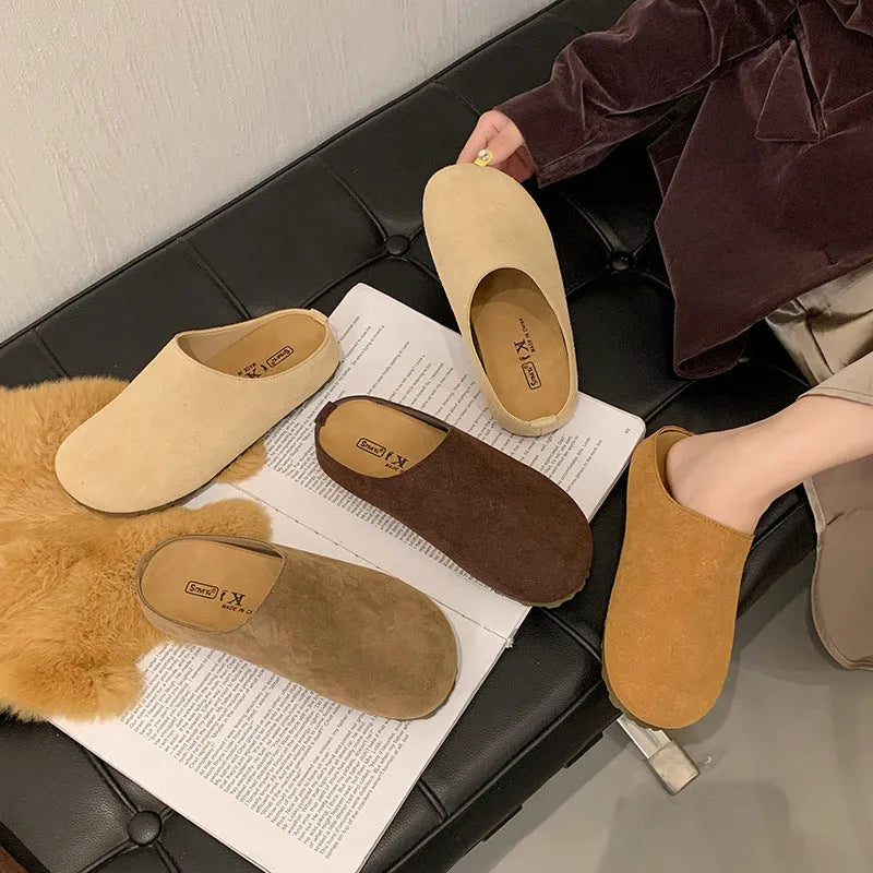 Korean style ugly soft broken slippers in apricot colour with square toe and flat PU sole