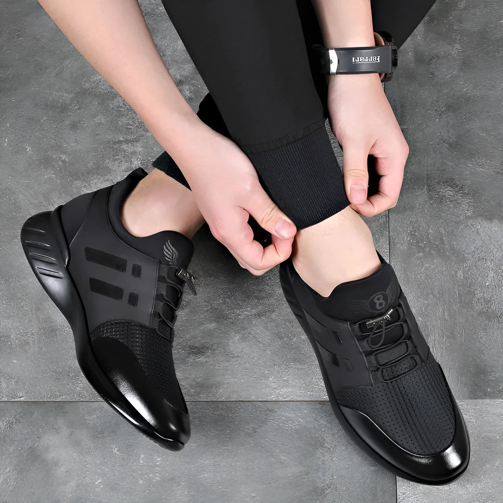 Men's black casual height increasing shoes with round toe and chunky rubber sole