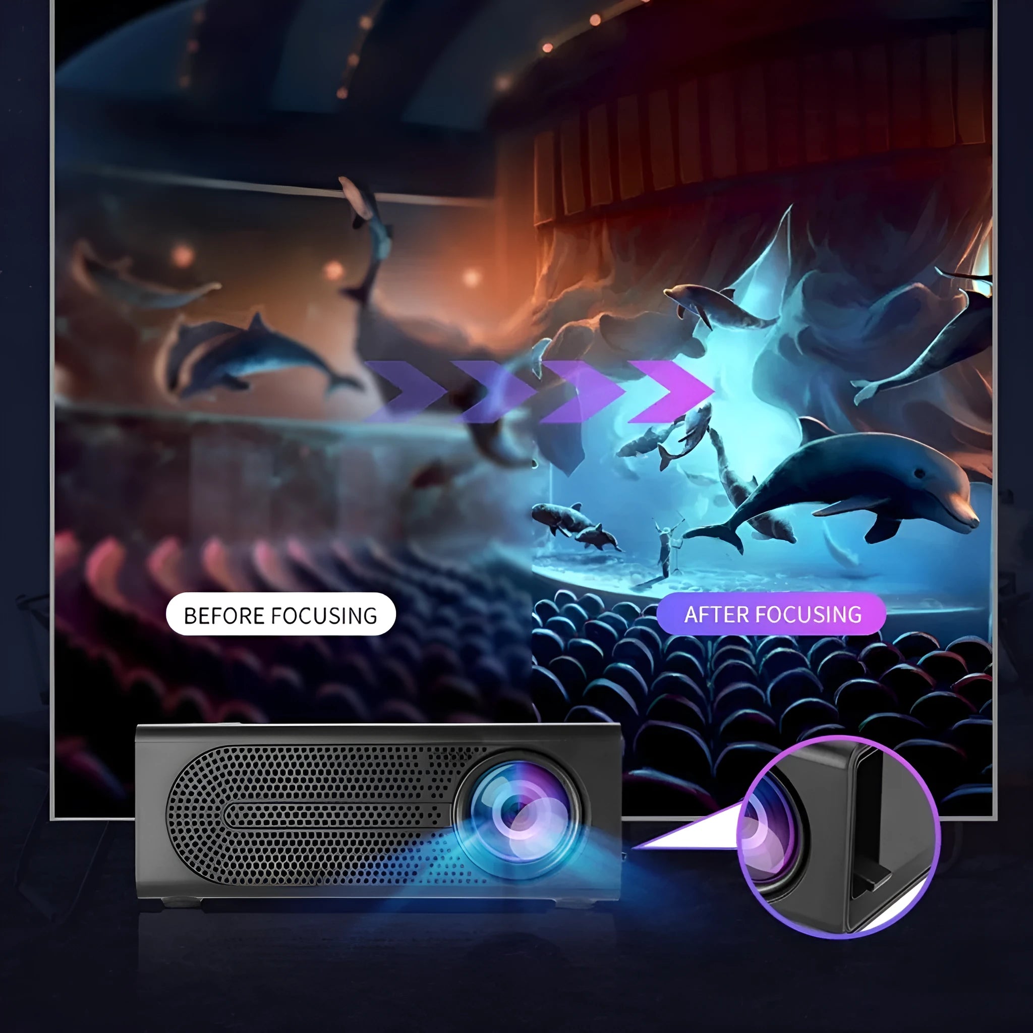 Black and white portable mini projector with wired mobile phone connection support