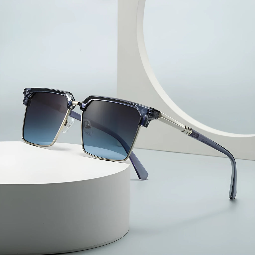 Men's square sunglasses with plastic frame in choice of six colours on display