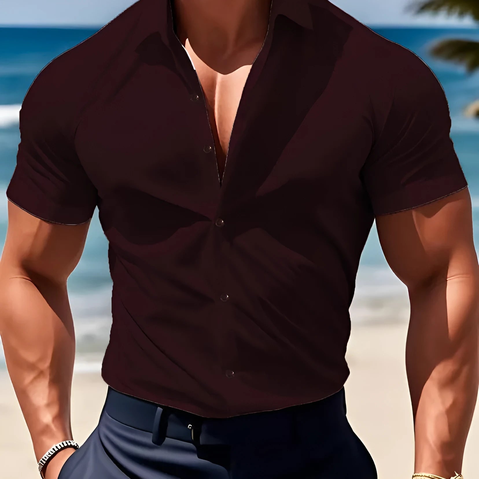 Men's short sleeve printed casual shirt in polyester, shown in multiple colour options.