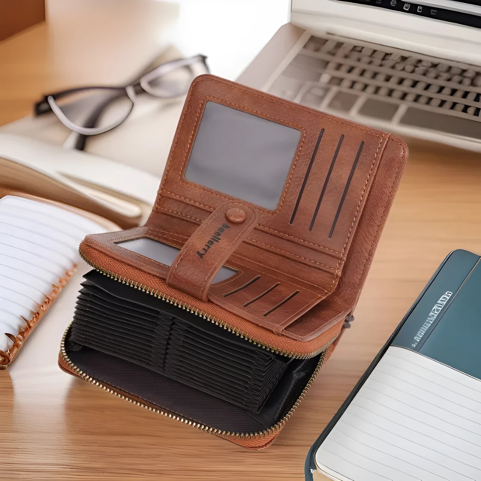 Women's black PU leather zip coin purse lying open showing card slots and a coin compartment.