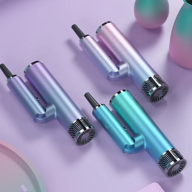 Green and purple foldable portable hair dryer with compact collapsed design