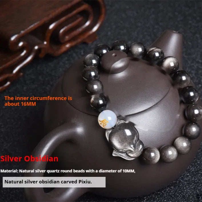Natural obsidian stone bracelet with 10mm beads shown in gold, silver, and plain black style variations.