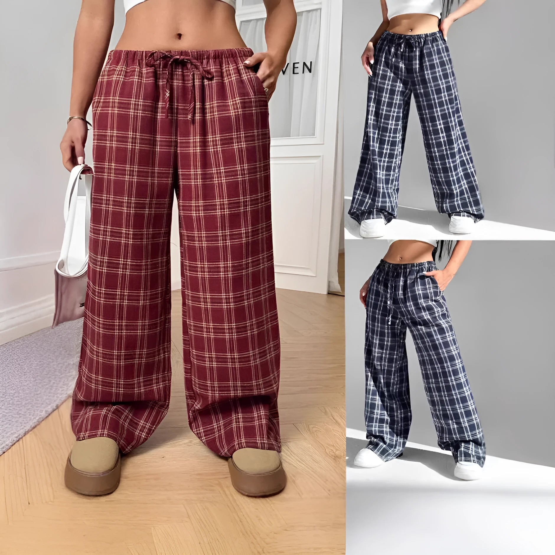 Women's loose fit plaid trousers with elastic drawstring waist and side patch pockets
