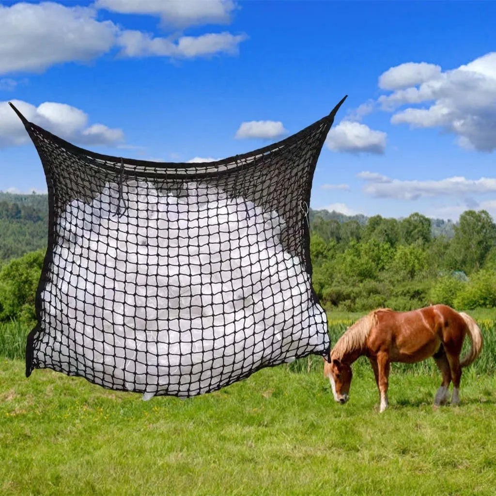Woven black and white PE rope horse hanging feeding bag in various sizes for cattle and sheep.