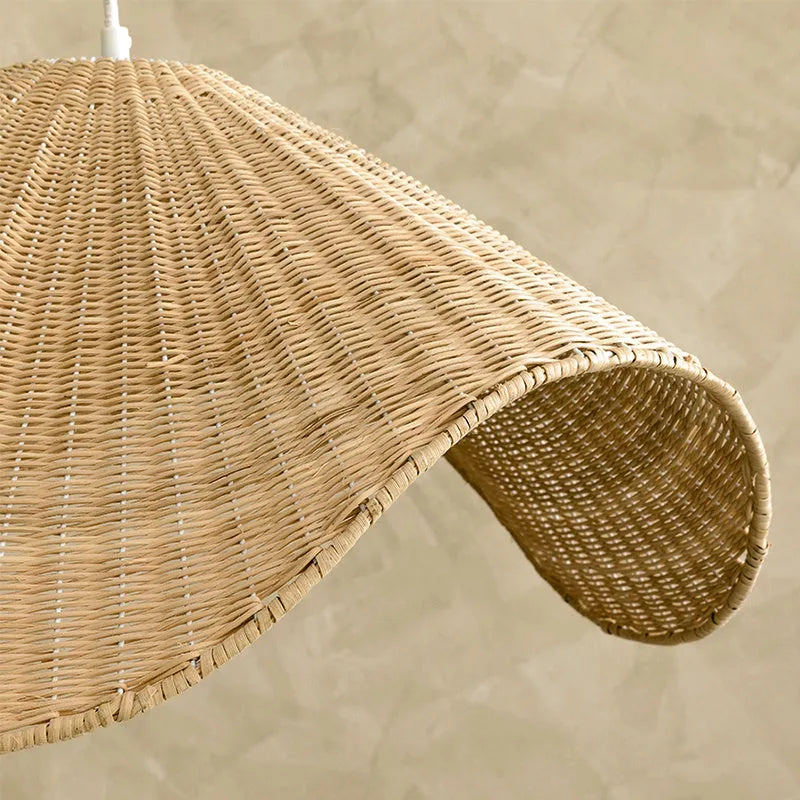 Handwoven straw rattan and willow bamboo pendant ceiling lamp with warm white LED light.