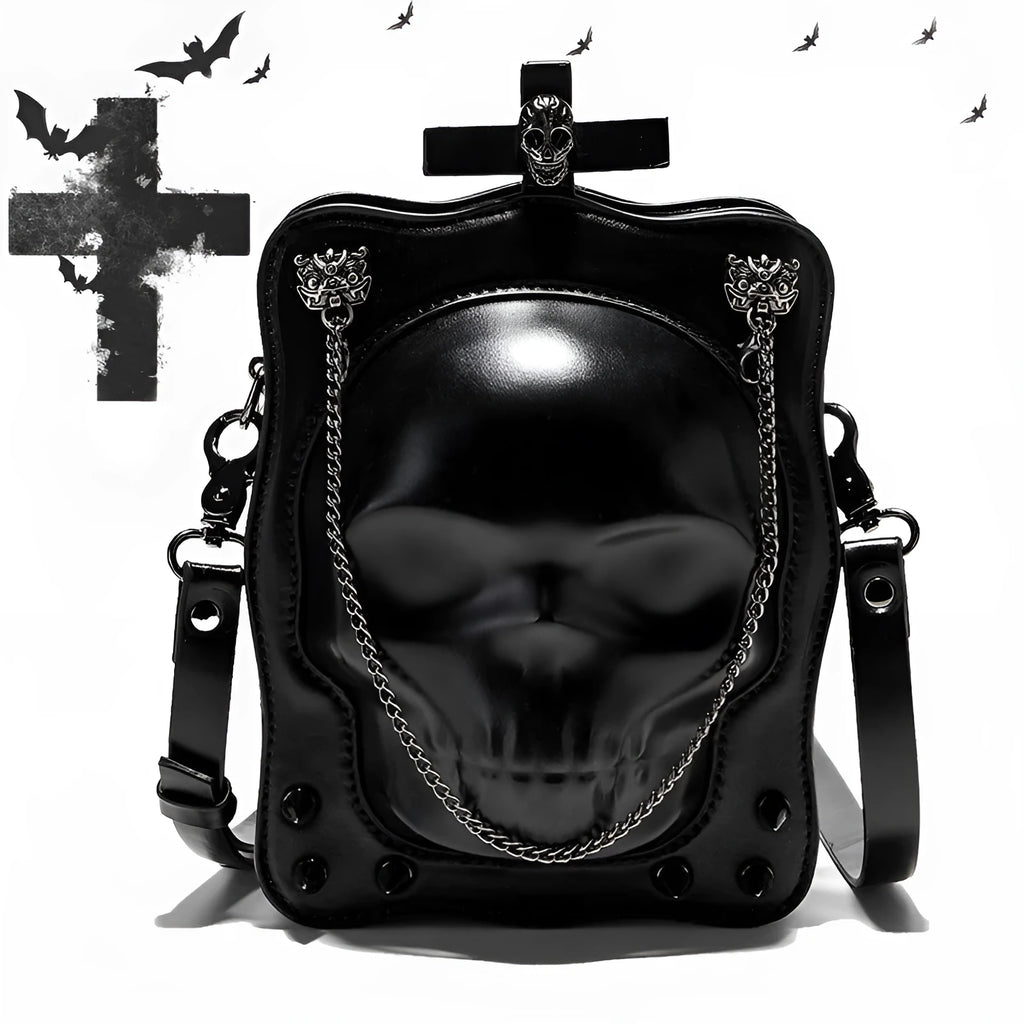 Black mini square crossbody bag with 3D embossed skull design, stitching details, and metal rivets