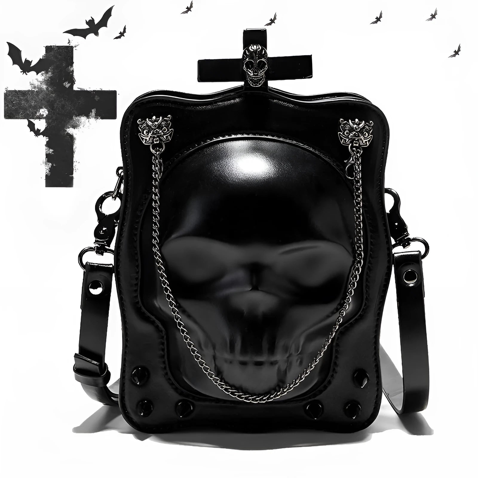 Black mini square crossbody bag with 3D embossed skull design, stitching details, and metal rivets