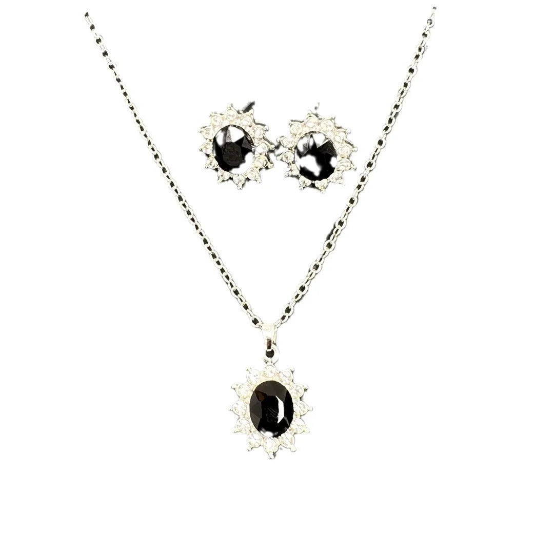 Sunflower zircon ear stud and necklace set for women in electroplated alloy with ellipse design elements