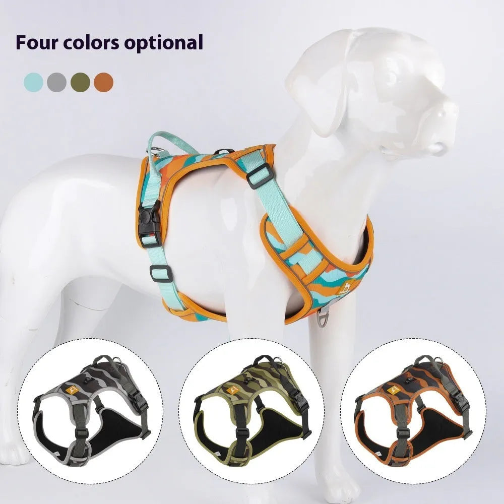 Oxford cloth dog commuter rope with reflective strips in army green colour showing chest and back hand holding points