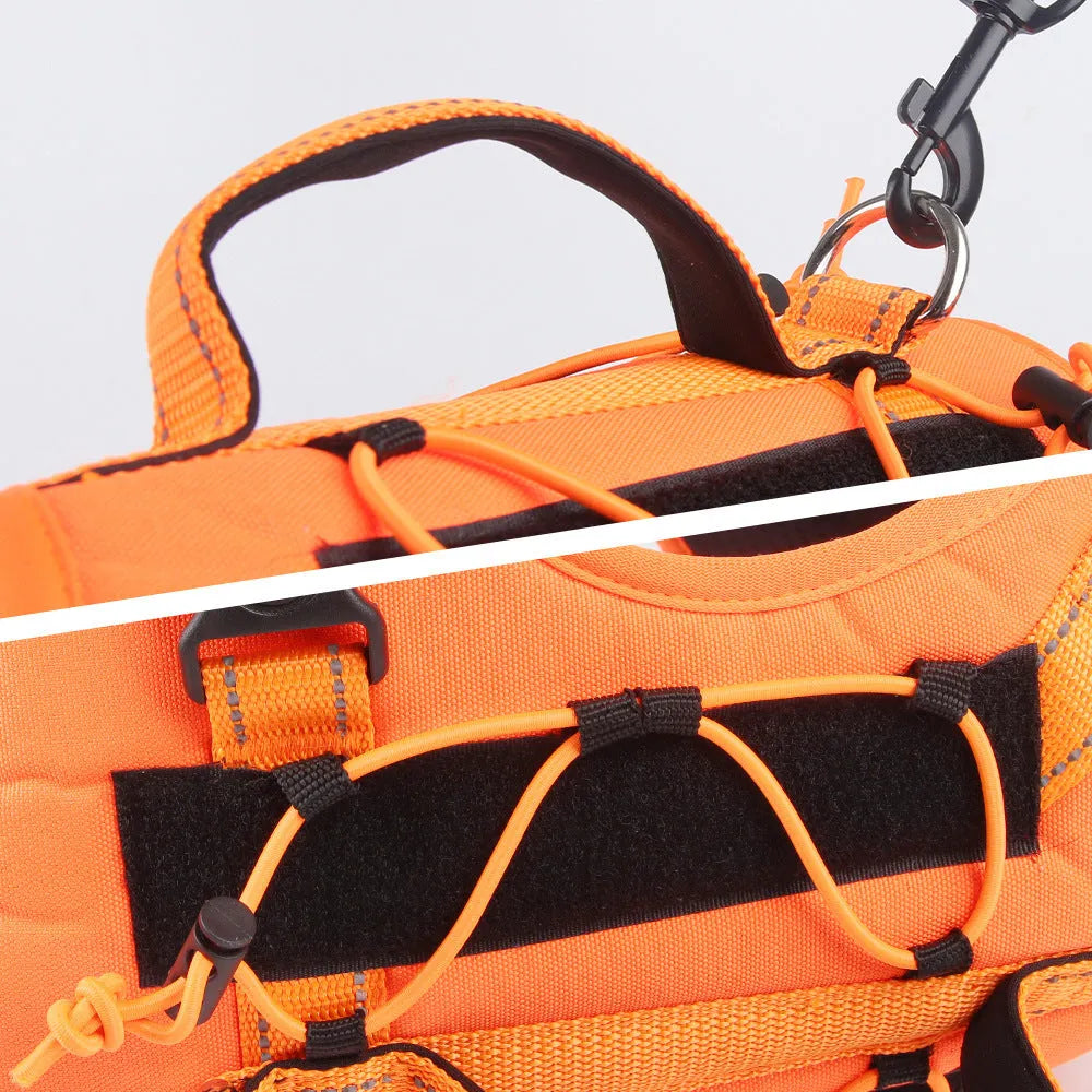 Reflective explosion-proof dog harness with attached hand-holding rope in orange colour, showing adjustable straps and safety features