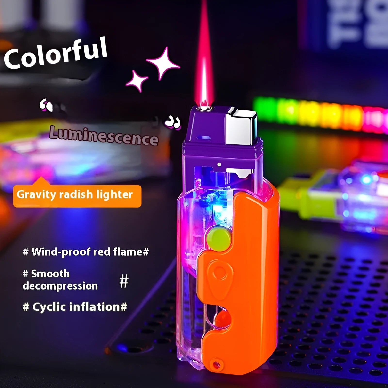 Orange, purple, and green plastic radish-shaped wind-resistant lighters on a white background.