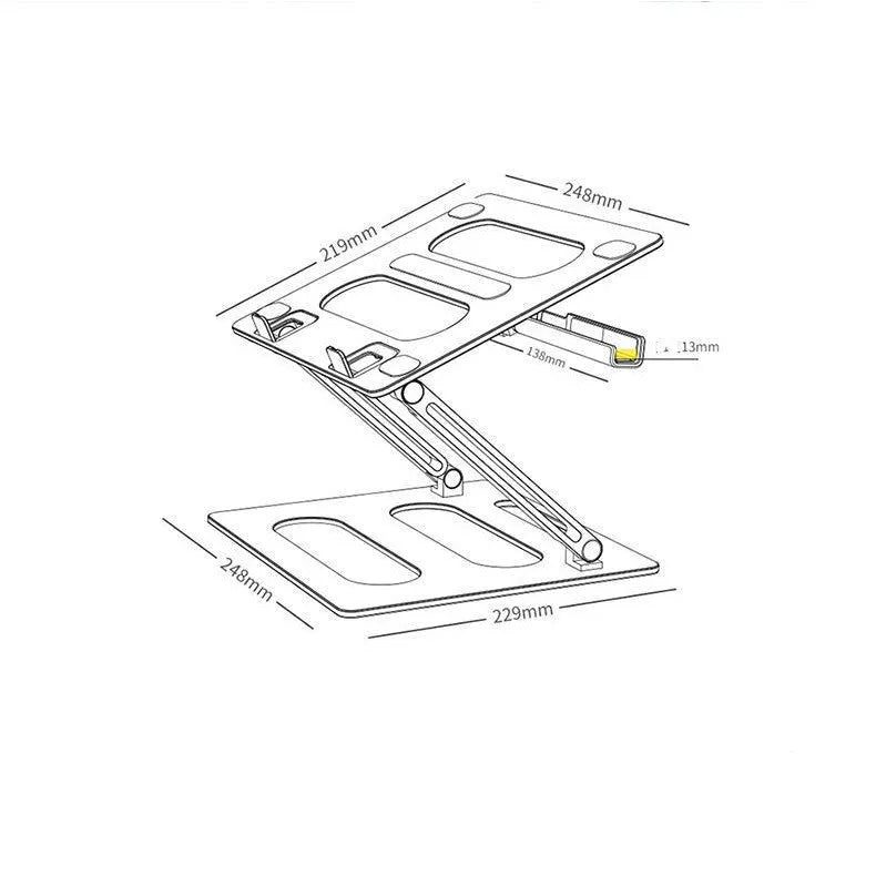 Silhouette of silver metal adjustable laptop stand on a desk with a clear 340mm elevation height and 260x248x35mm base dimensions