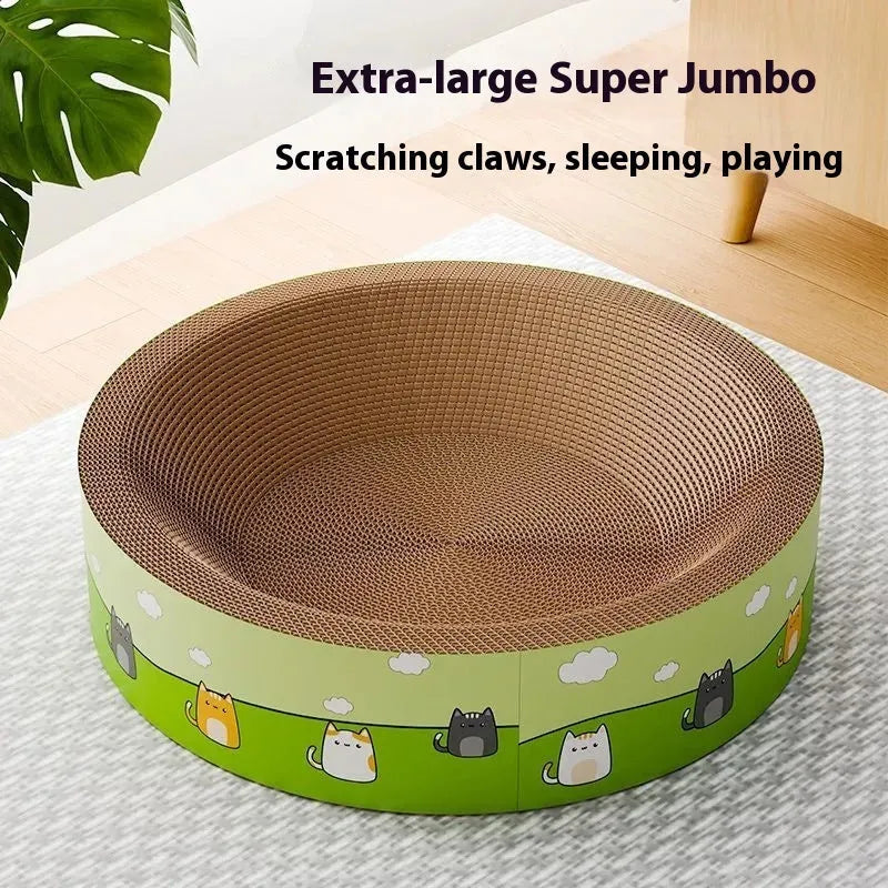 Large round cat scratch board with a deep central pit, made from brown corrugated cardboard.