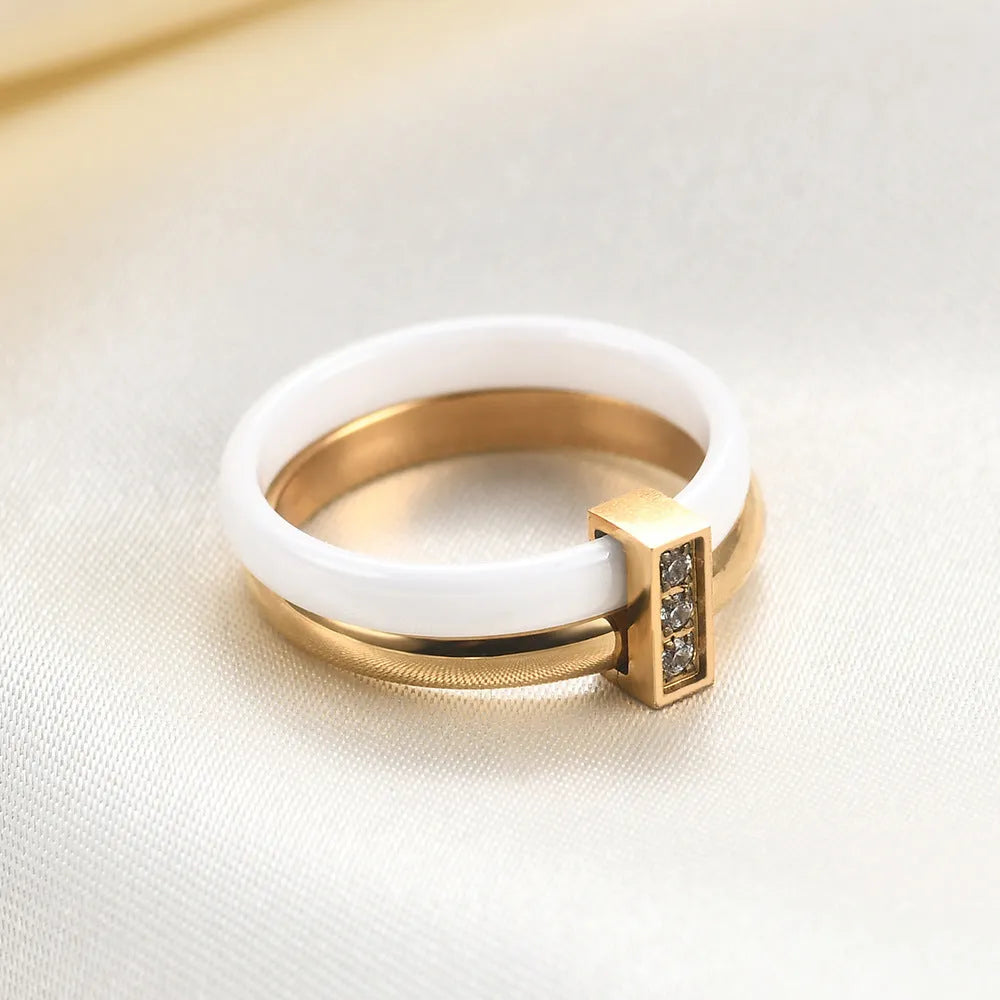 Ceramic ring with zirconium inlay in steel black or gold white colour