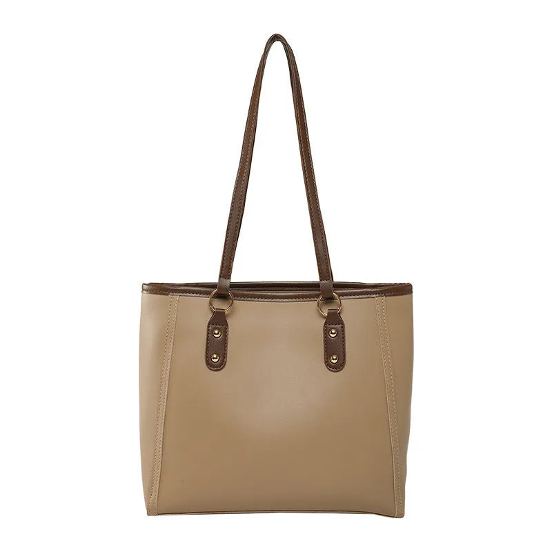 Women's contrast colour PU tote bag with horizontal square shape and large capacity in black, white, khaki, or brown